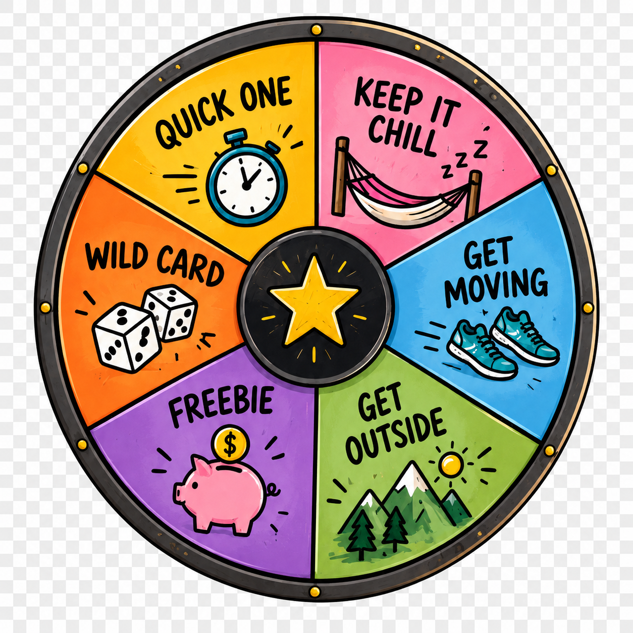 Six-section SideQuest wheel with Quick One, Keep It Chill, Get Moving, Get Outside, Freebie, and Wild Card
